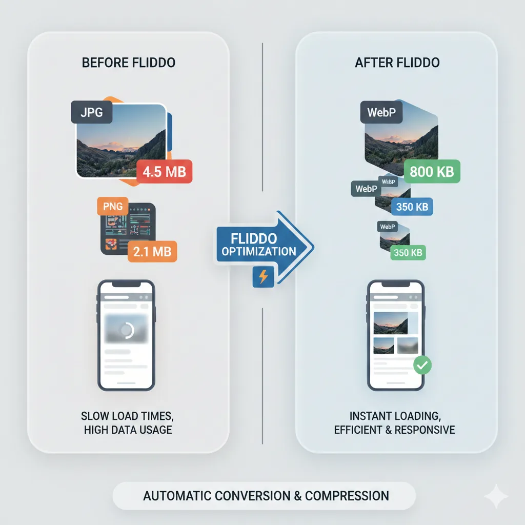 Diagram showing Fliddo converting large JPG/PNG to small WebP